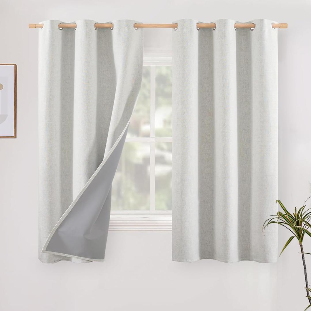 YoungsTex Ivory Linen Blackout Curtains 40 Inches Long, Short Thermal Insulated Drapes with Grommet Darkening Privacy for Bathroom Bedroom Window, 2 Panels, 42 X 40 Inch