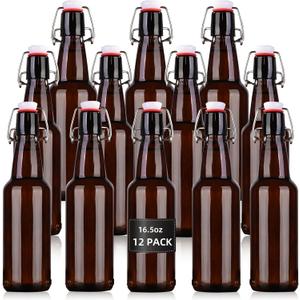 16.5 oz 12 Pack Amber Swing Top Glass Bottles for Airtight Lids, Home Brewing and Fermentation Kombucha, Vanilla Extract, Beverage, Water, Kefir