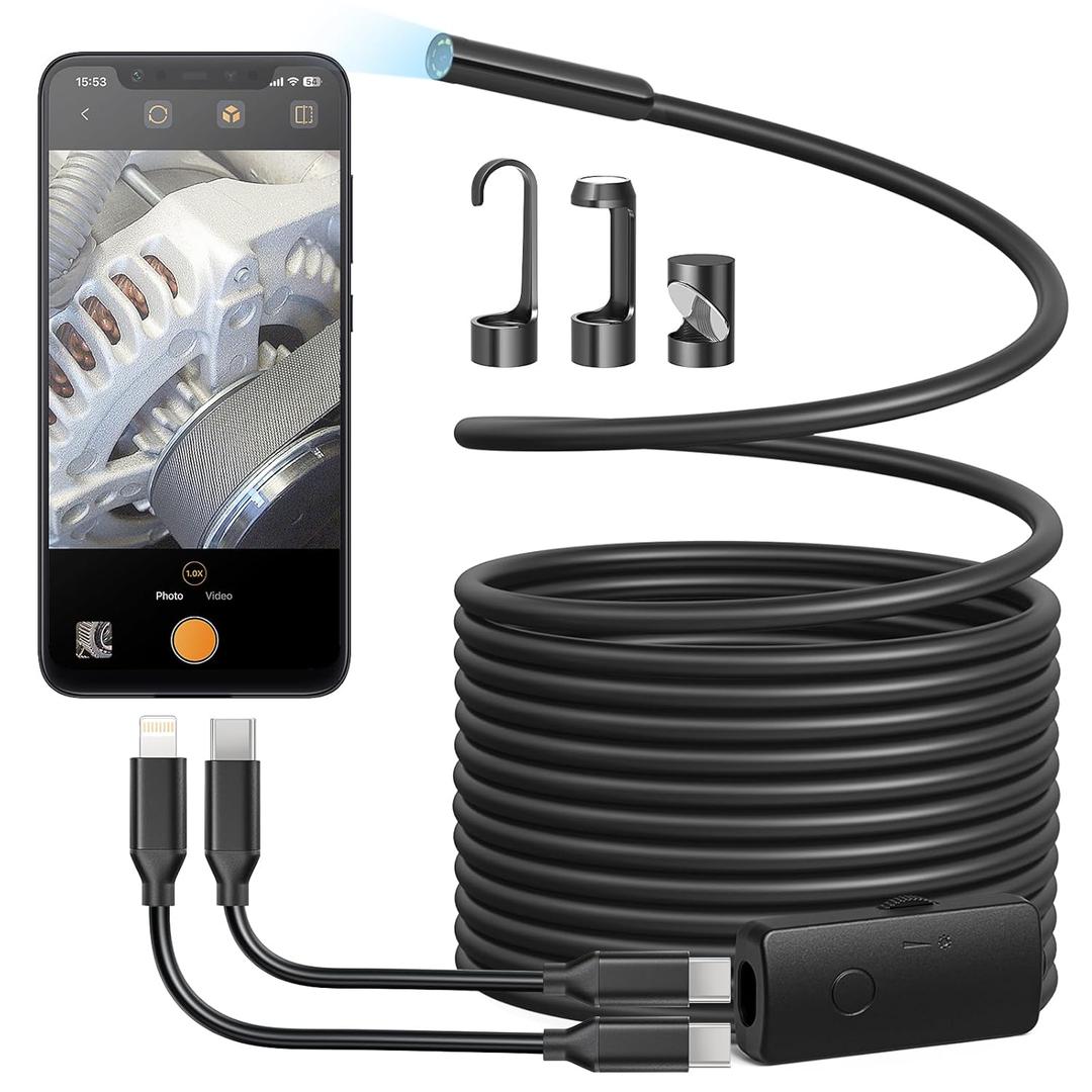 Anykit Endoscope Camera with Light, 1920P HD Borescope with 8 Adjustable LED Lights, Semi-Rigid Snake Camera with Light, IP67 Waterproof Inspection Cam for iPhone & Android, 16.5 ft Single Lens