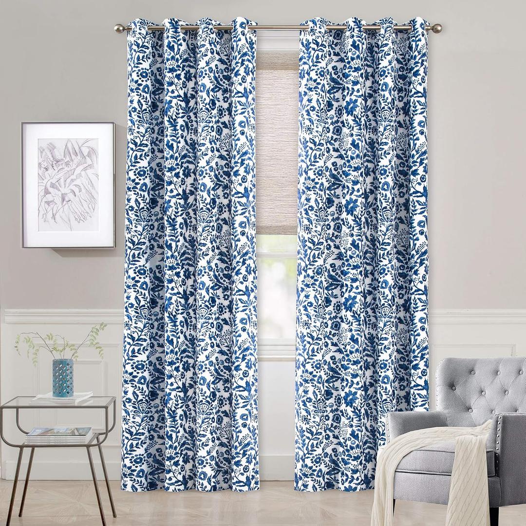 DriftAway Julia Blackout Curtains for Bedroom Navy Floral Watercolor Pattern Double Layer Thermal Insulated Sound Reducing Room Darkening Drapes for Living Room Grommet 2 Panels Each W52 x L108 Navy