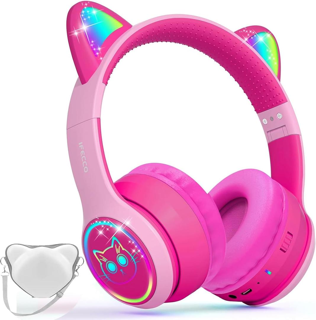 IFECCO Kids Bluetooth Headphones with Case,Cute Light Up Cat Ear Children Girls Wireless Headphones Volume-limiting for School Travel Gifts (rose-pink)
