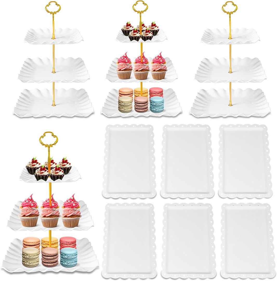 10 Pack Dessert Table Display Set - 4 x Three-Tier Square Cupcake Stands and 6 x Serving Trays, Elegant Tableware for Cakes, Cupcakes, Pastries, and Snacks, Perfect for Parties (White)