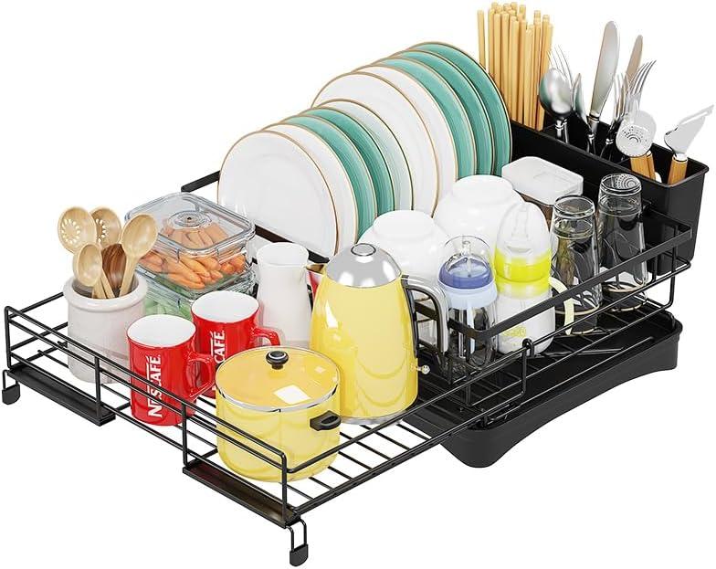 Expandable Dish Drying Rack - Large Drainboard with 4 Slots, Knife & Fork Holders, Cup Organizer, Rotating Swivel Spout, Durable Coated Steel, Black (Large)