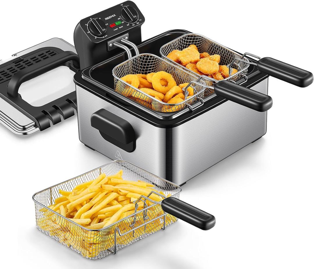 Reemix 4.5L Electric Deep Fryer with 3 Stainless Steel Baskets
1700W, 2 x 2-Qt and 1 x 4-Qt Baskets, Viewing Window, Adjustable Timer and Temperature up to 400°F, Breakaway Cord