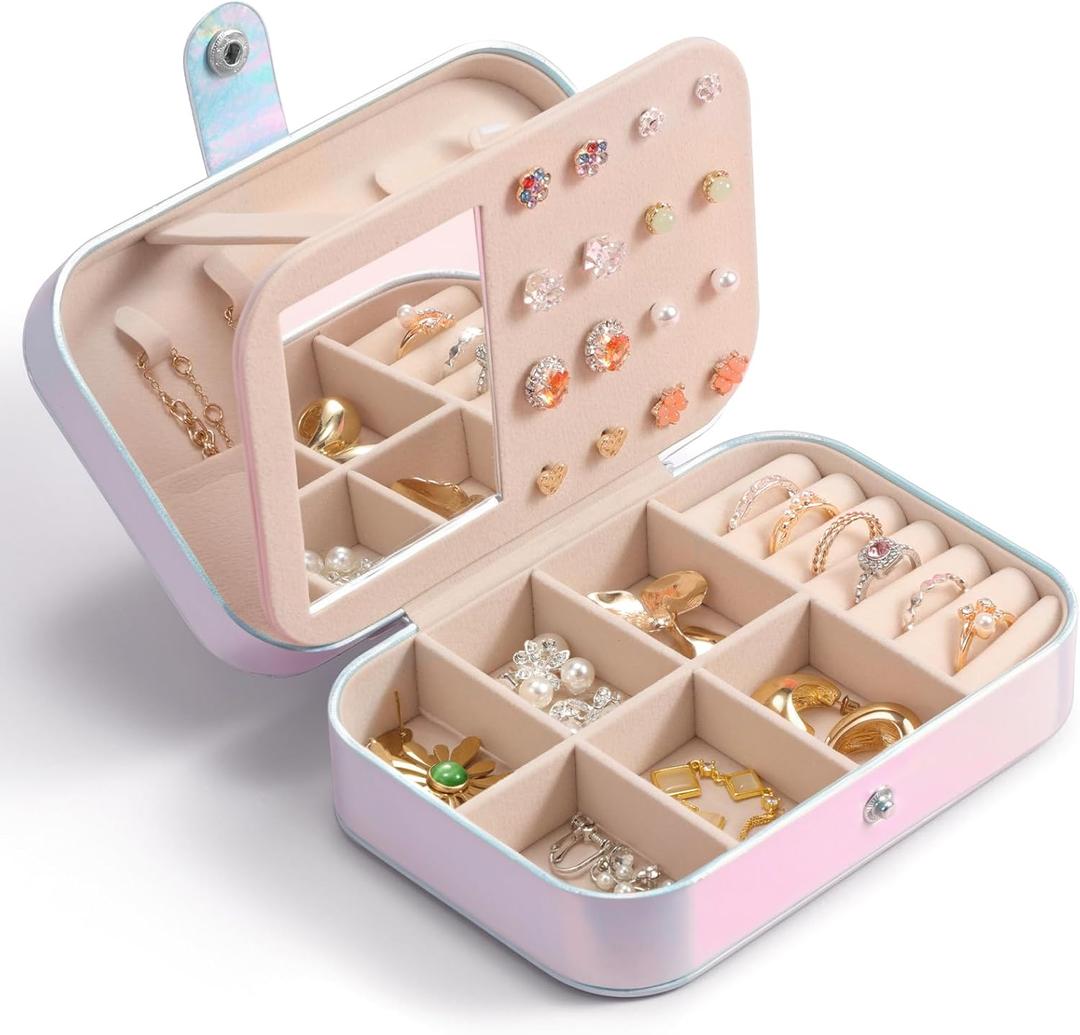 LAMU Travel Jewelry Box,Portable Jewelry Organizers and Stroage, Iridescent Rainbow Small Jewelry Case for Earrings Rings Necklaces,Travel Essentials for Women Girls Bridesmaid Gifts (Silver)