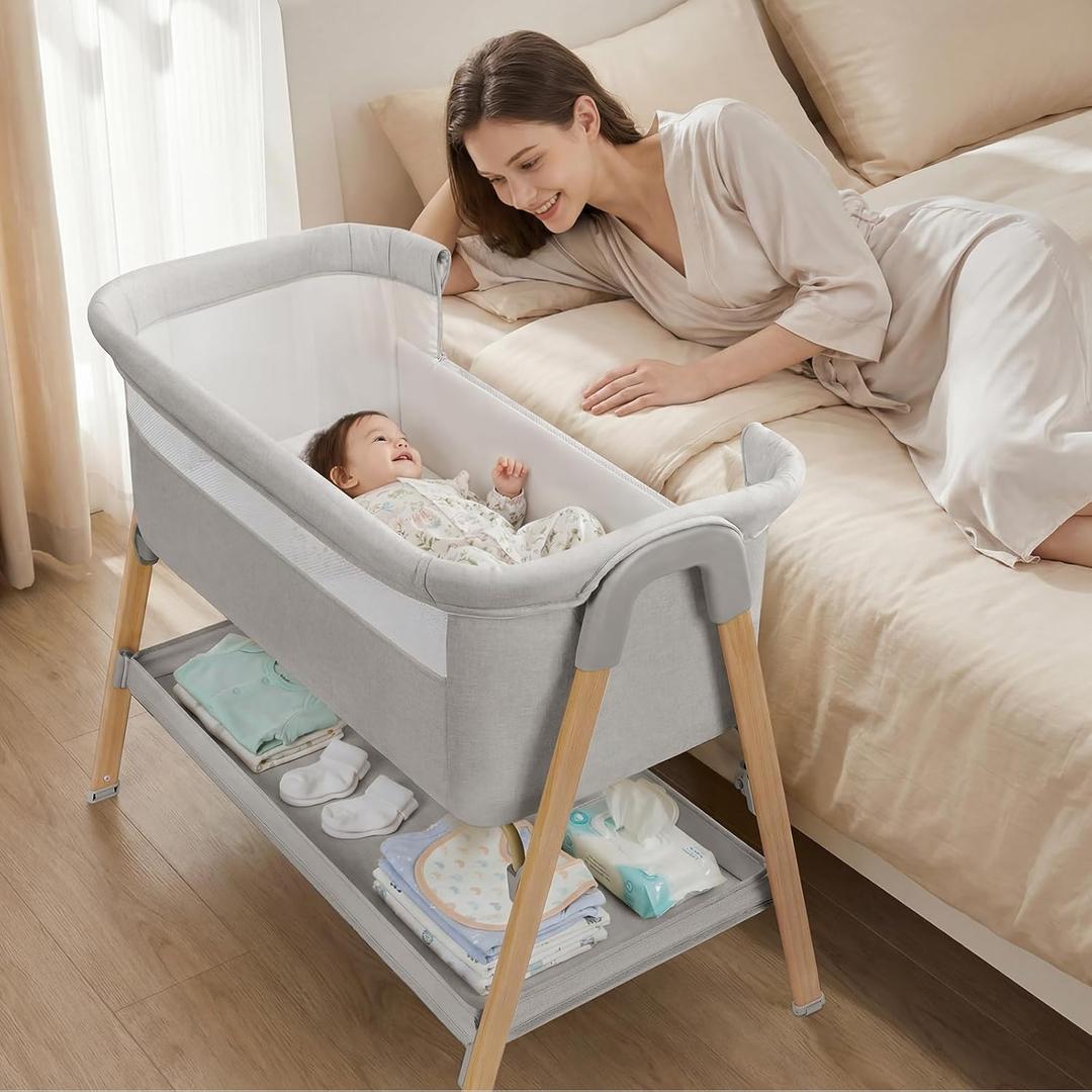 Uuoeebb Baby Bassinet, Bedside Bassinet for Baby, 2-in-1 Bedside Sleeper with Mattress, Half-Mesh Breathable Design, 4 Auto-Lock Wheels, Storage Basket, Easy Assembly (Grey), Crib