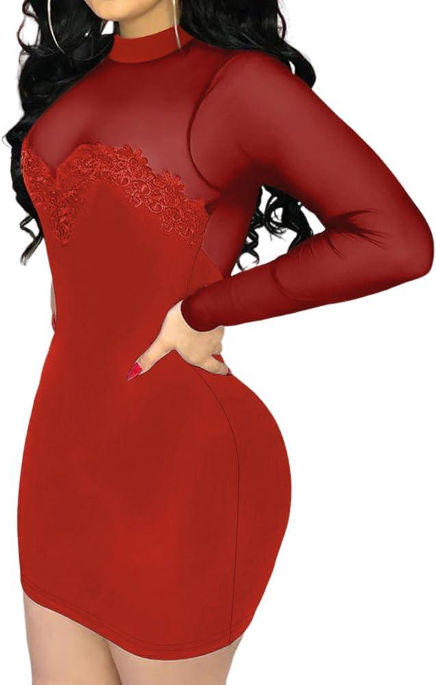 Womens Long Sleeve Bodycon Mini Dress Mock Neck Sheer Mesh Patch Night Out Party Short Dress (Red, L)