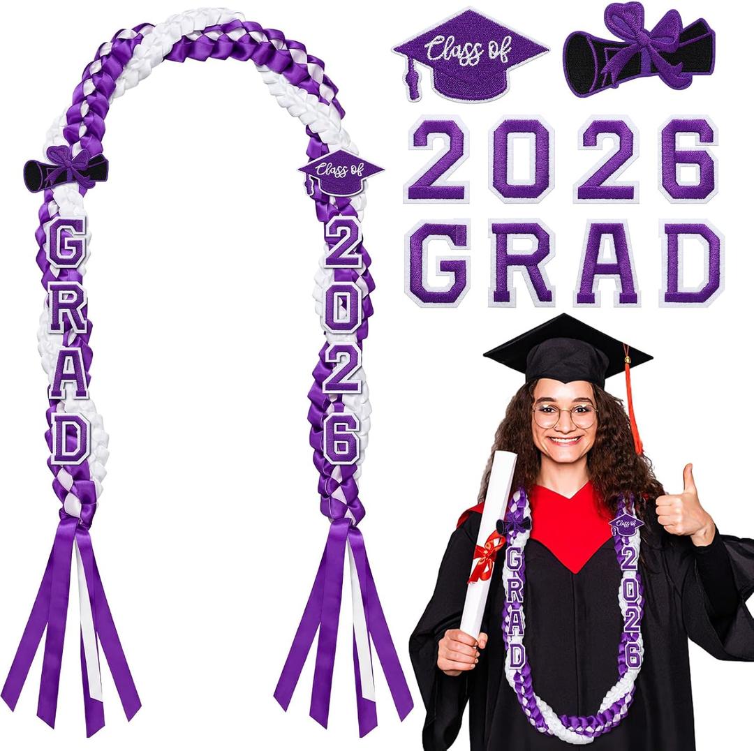 Suncalla 11 Pcs 2026 Graduation Leis Set Graduation Leis Class of 2026, Grade Braided Cords with Letters Card Patches Ribbon Lei Graduate Gift for High School Master College Grad Party(Purple White)