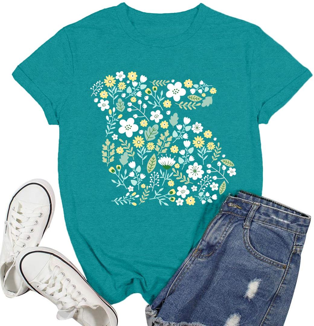 Ascrazy Easter Shirts for Women Cute Floral Bunny T-Shirt Easter Day Tee Tops Cyan