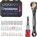 WORKPRO 34-Piece 1/4" Mini Ratchet Wrench Set, 72-Tooth, Right Angle Screwdriver Mens Gifts, 90 Degree Offset Ratcheting Screwdriver Mini Low Profile Ratchet Wrench Bit Socket Set for Tight Space