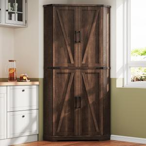 Dripex 71" Corner Cabinet Brown, Farmhouse Kitchen Pantry Cabinet with Doors Storage & Adjustable Shelves, Tall Corner Storage Cabinet with LED Light, Food Pantry for Living Room, Dining Room
