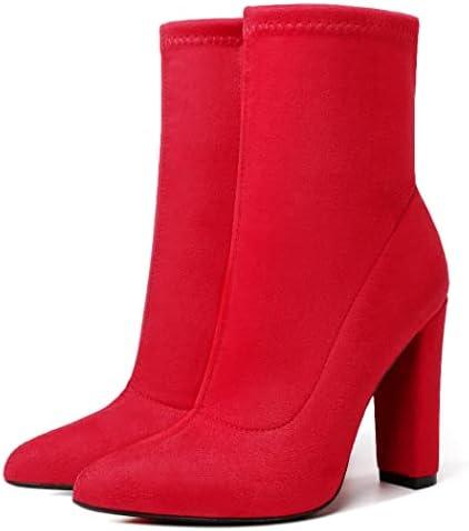 risdoada Women's Sock Boots Chunky Heel Ankle Booties Elastic Suede Pointed Toe Fall Winter High Heeled Mid Calf Boots, Size 37