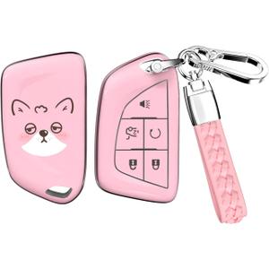 ACEBOY for Cadillac Key Fob Cover, Soft TPU Protective Case with Keychain Compatible with Cadillac 2020-2025 ATS CT4 CT5 CT6 XT4 XT5 XTS CTS SRX Car Smart Keys Case (Pink,5 Buttons)