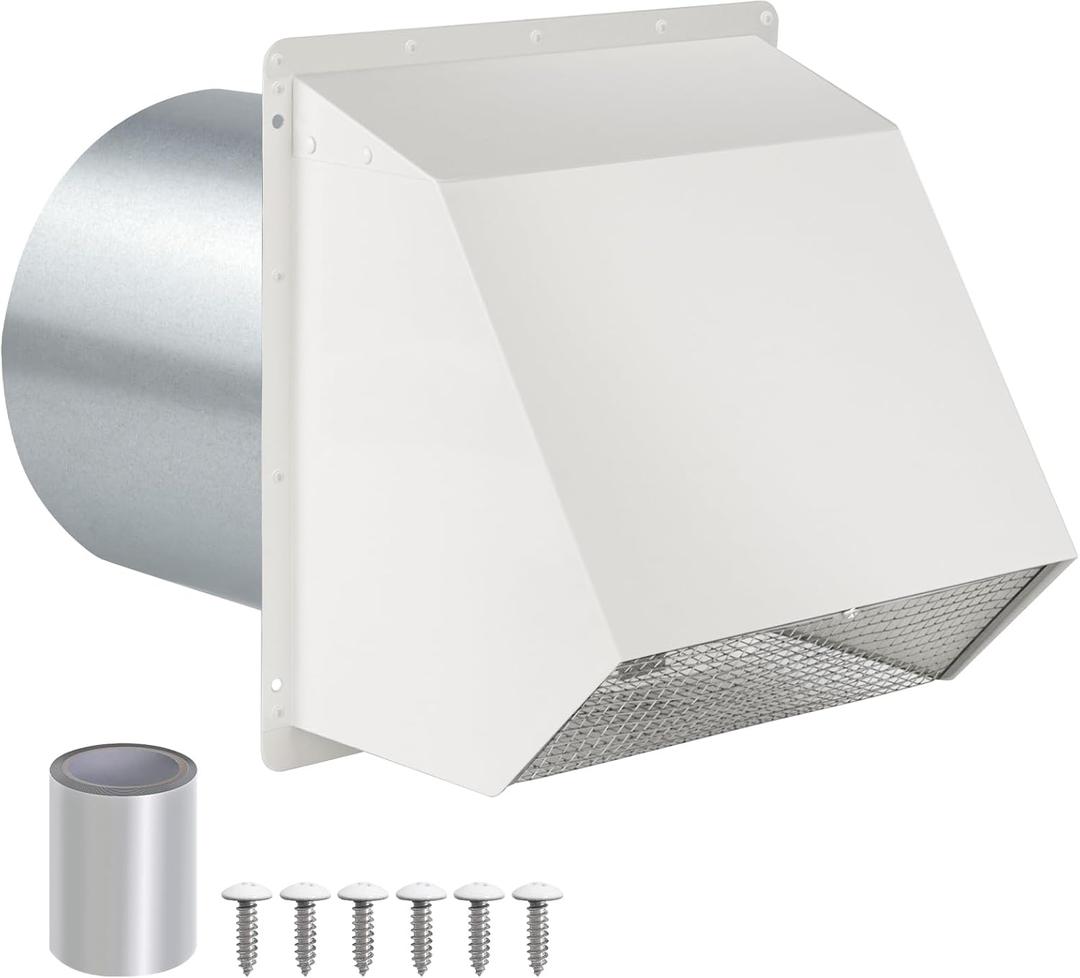 8 Inch Hooded Wall Vent with Screen and Damper, Wall Exhaust Vent Cover Cap for Exterior Ventilation and Outdoor Air Exhaust Kitchen Range Hood Dryer, Galvanized Steel, White