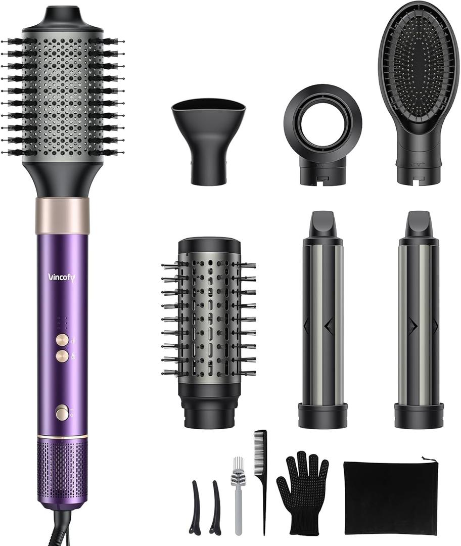 Vincofy 7 in 1 Blow Dryer Brush and Hair Dryer, Hot Hair Styler with Negative Ion 110, 000 RPM Hair Straightener Brush for Fast Drying Straightening Curling Voluming, Suitable for All Types, Purple