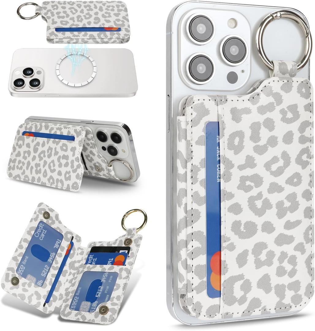 Cavor Magnetic Wallet for iPhone 17/16 Pro Max/15 Pro/14 Plus/13/12 Series,Compatible with MagSafe Wallet,Magnetic Card Holder with Adjustable Stand,for iPhone magsafe w allet -Leopard White