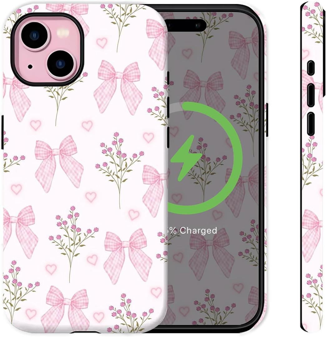 Compatible for iPhone 13 Case Pink Bows Florals Wildflowers Aethetic Design [Compatible with Magasfe] Shockproof Soft TPU and Hard Shell Protection Cute Phone Case for iPhone 13