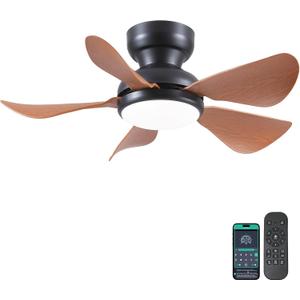 Kviflon 32 Inch Modern Ceiling Fans with Lights, Small Flush Mount Ceiling Fan with Light and Remote/APP Control, 5 Reversible 6 Speeds Curved Blades, 3 CCT Dimmable Lights for Kids Room, Brown