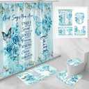 Litabel 4 Pcs Teal Butterfly Inspirational Quotes Shower Curtain Set with Rugs and Toilet Lid Cover, Colorful Boho Waterproof Fabric Bathroom Set, Bible Verse Floral Bathroom Decor Set Accessories