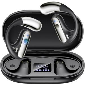 Open Ear Bluetooth 5.4 Earbuds, 2025 Wireless Headphones Sport Over Earphones Built-in Mic with Ear Hooks 50H Playtime Ear Buds LED Display Charging Case, Waterproof Design for Running Fitness, Black
