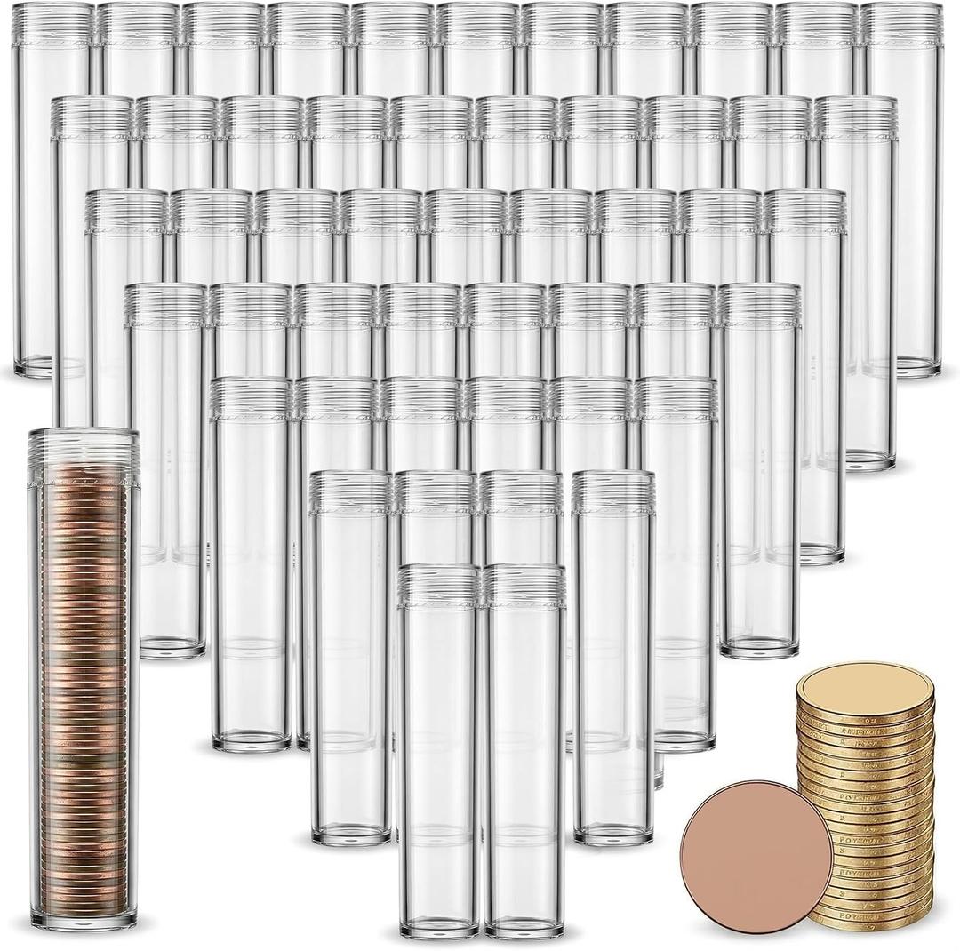 50 Pack Coin Storage Tube for Cent Collection, Clear Plastic Coin Holders with Screw-On Caps for Long-Term Organizing, Durable PC Material for Cent, Small Parts & Crafts (0.79in Diameter)