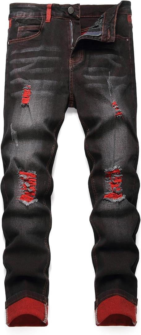 Jeans for Men Stretch Slim Fit Denim Comfort Flex Waist Colored Pants Strechy Regular Fit Tapered Leg (28, Stretch-black-crimson-1385b)