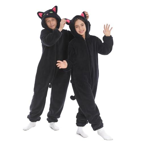 HSCTEK Black Cat Onesie Teen Kids, Pet Costume Pajamas Toddler Boys Girls, Home Animal Blanket Hoodie Pjs Halloween Christmas Cosplay Child 14 XL