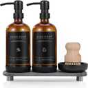 [Luxury] Kitchen Soap Dispenser Set - 16OZ Amber Glass Bottle, Stainless Steel Pump, Instant Dry Tray, Waterproof Labels, Non-Slip Silicone Pad, and Dish Brush | Upgrade for Your Kitchen and Bathroom