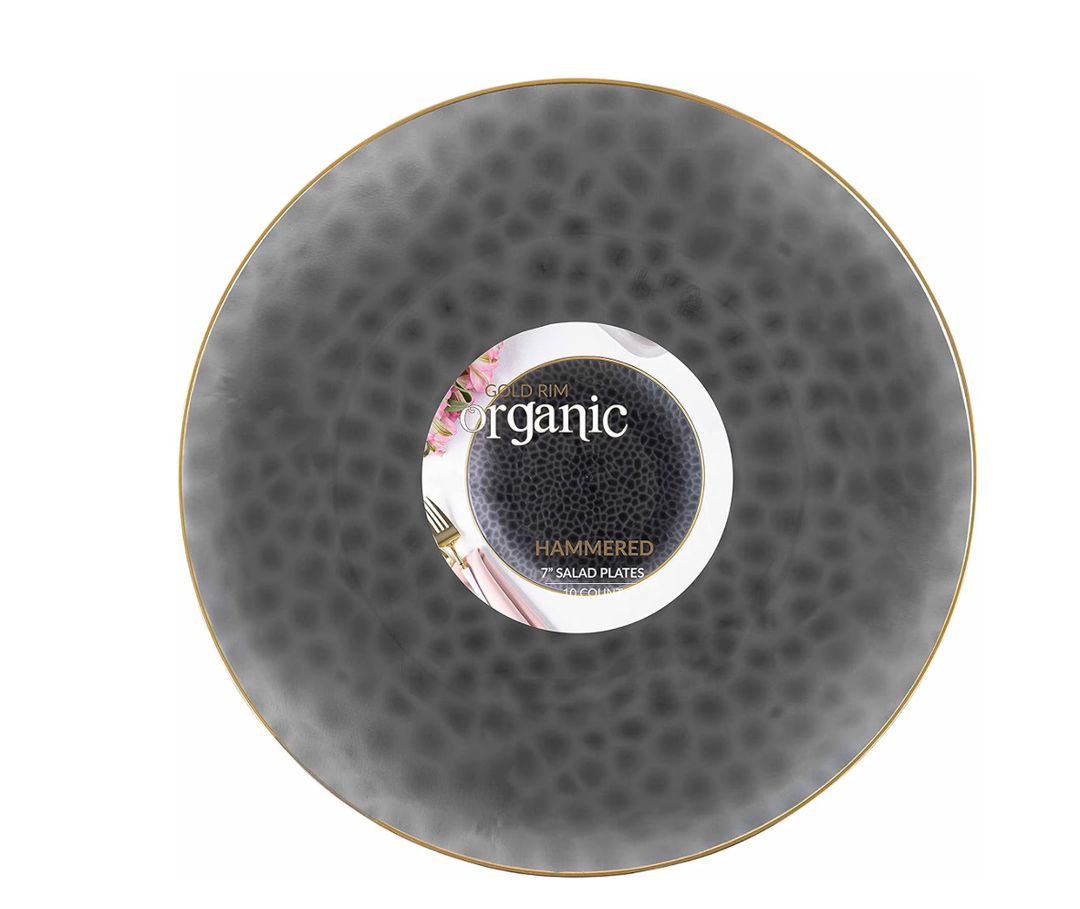 Disposable 7" Organic Hammered Collection Black with Gold RIM Plastic Salad /Desert Plates for Elegant parties, Weddings & All occasions.: 120CT