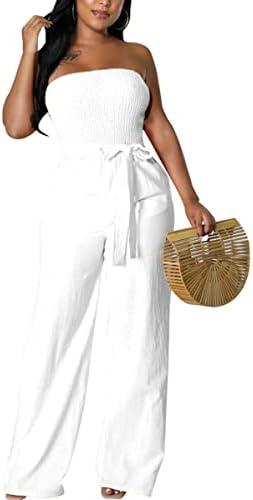 FairyLove Women's Strapless Tube Top Rompers Casual Off Shoulder Printed Sleeveless Belted Wide Leg Jumpsuit with Pockets, XXL