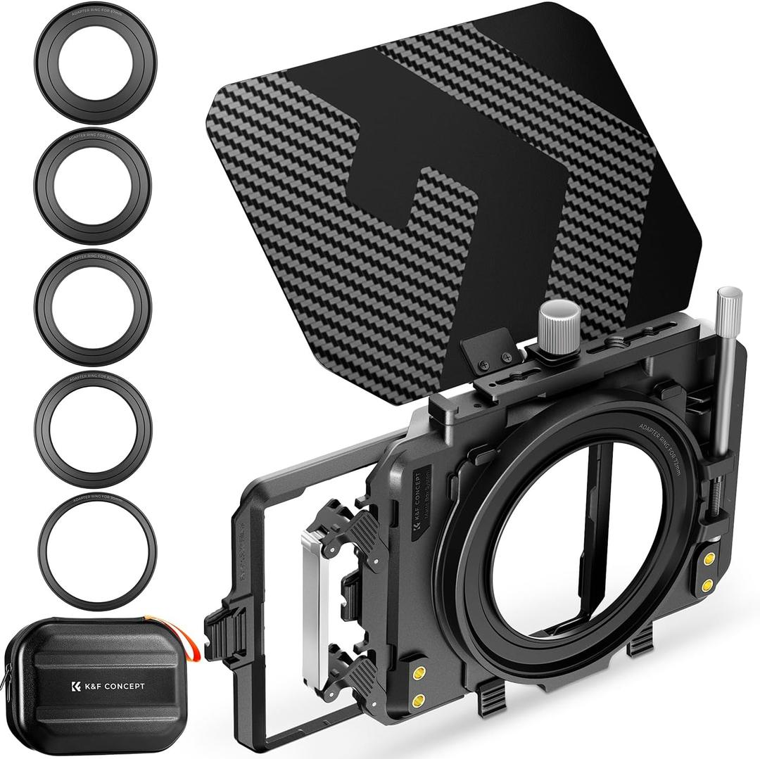 K&F Concept Mini Matte Box, DSLR Matte Box with Carbon Fiber Top Flag, Square Filter Trays for 67/72/77/82/95mm Lenses, 4x5.65 Square ND UV/Circular Filter