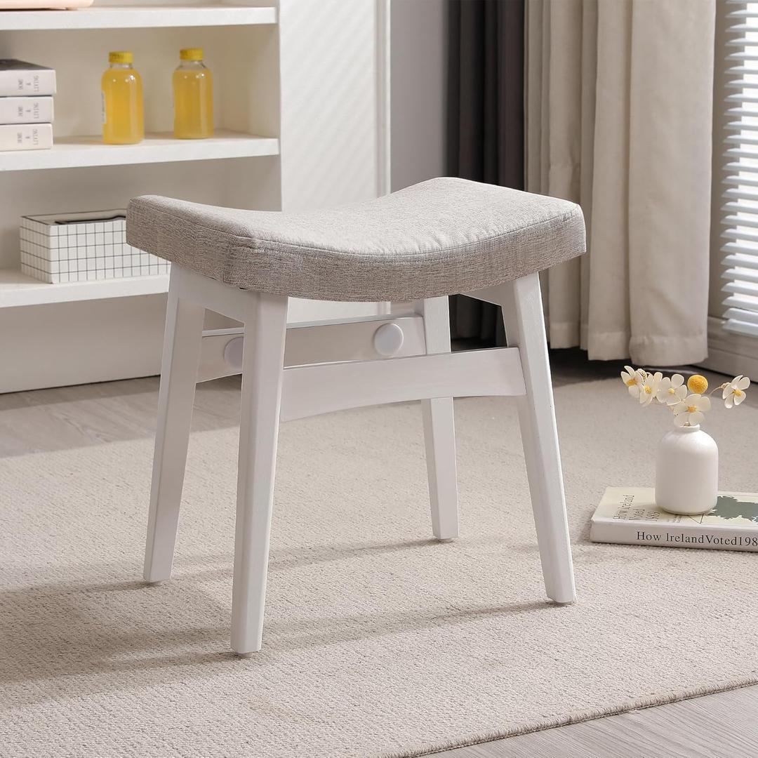 Vanity Stool, Saddle Cushion Foot Stool, Modern Vanity Bench Ottoman with Solid Wood Legs and Upholstered Seat for Entryway, Bedroom, White Color Leg - Grey Linen Fabric Cushion