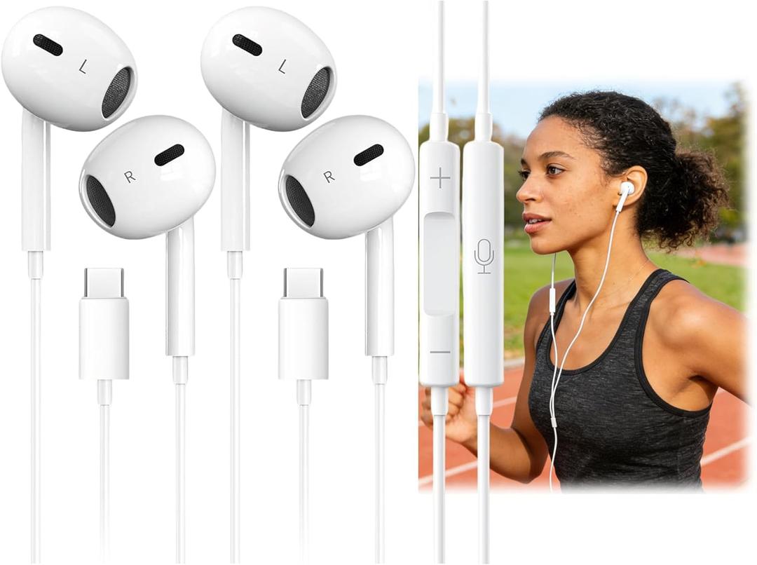 2 Packs USB C Headphones for iPhone 17 16 Earbuds with Mic & Volume Control HiFi Stereo Type C Earphones for iPhone 17 16 15 Pro Max, for Galaxy S23/S22/S21/S20/Ultra Note 10/20, for Pixel 7/6/6a/5/4