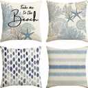 AVOIN colorlife Take Me to The Beach Summer Throw Pillow Covers, 18 x 18 Inch Blue Ocean Starfish Summer Cushion Case for Sofa Couch Set of 4