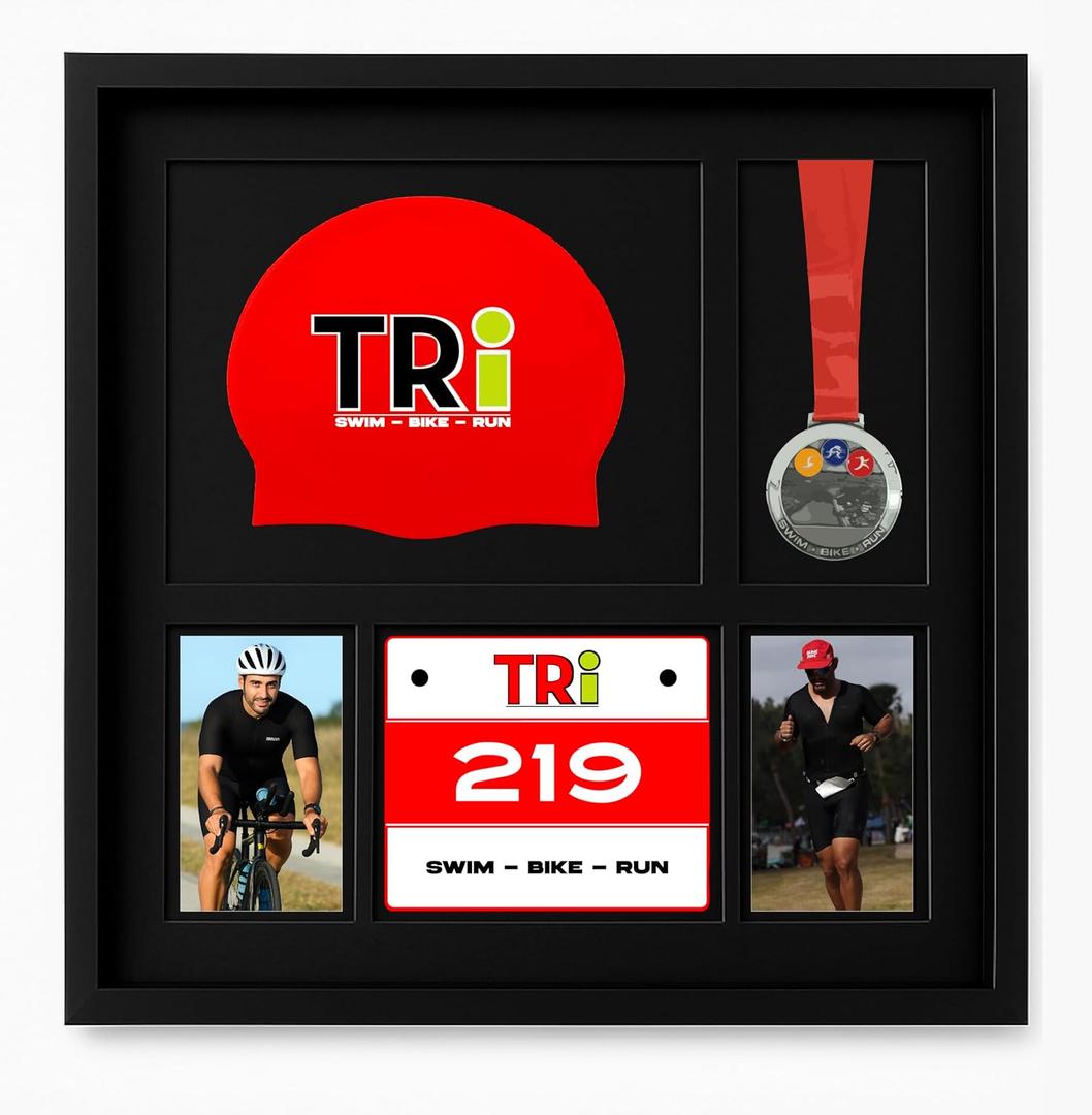 5-in-1 Frameset Display (Medal, Race Bibs, and Photo Display) Marathon or Triathlon Medal Display and Frame, Triathlon & Running Bib Holder, Wall-Mounted, Color Black