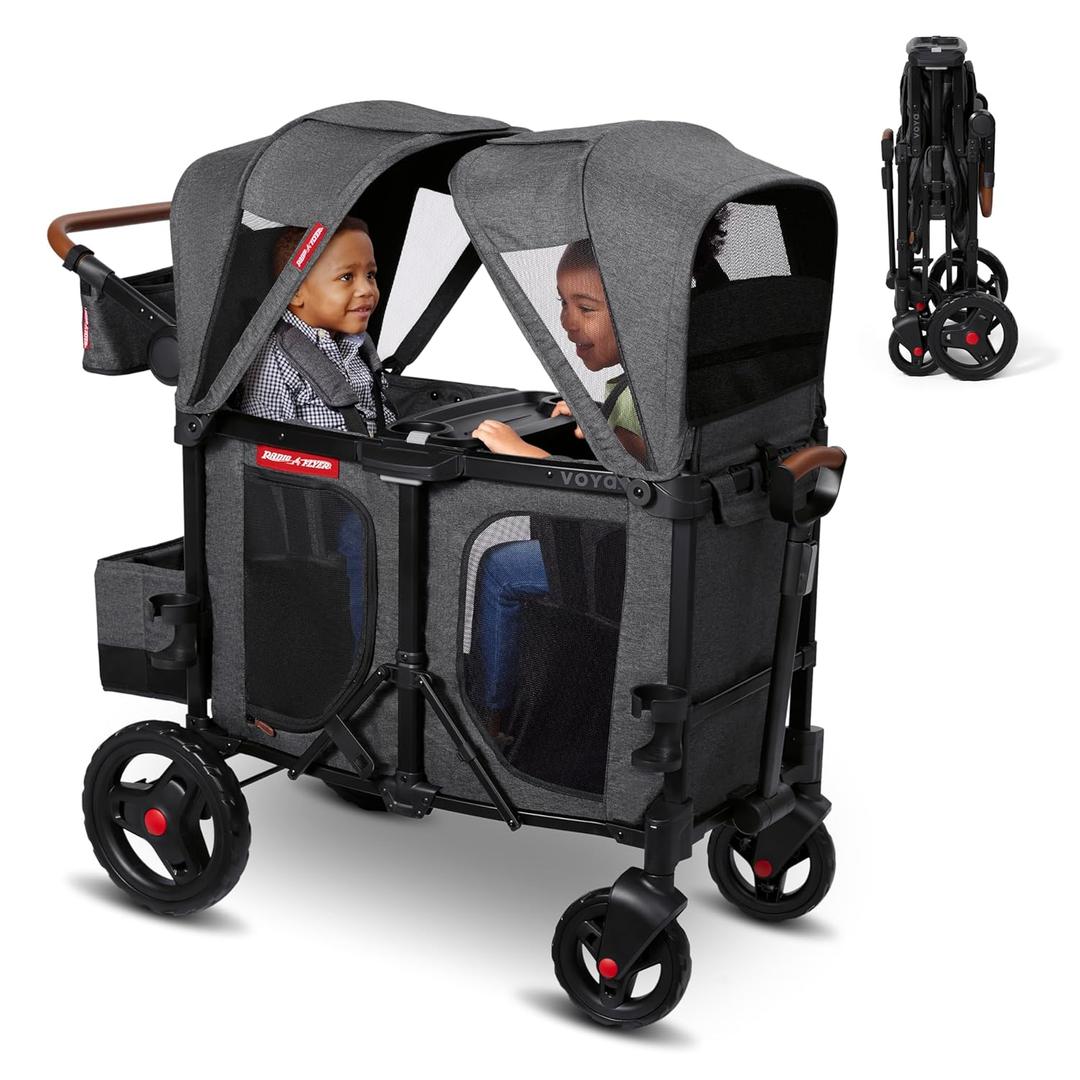 Radio Flyer Voya Stroller Wagon, for Ages 6+ Months, Extra Tall Sides, Push or Pull, 2 Seats, Dual Sun Canopies, Compact Fold, Lightweight, Storage Space, 5-Point Harnesses, Stroller Wagon for Kids (1.0)