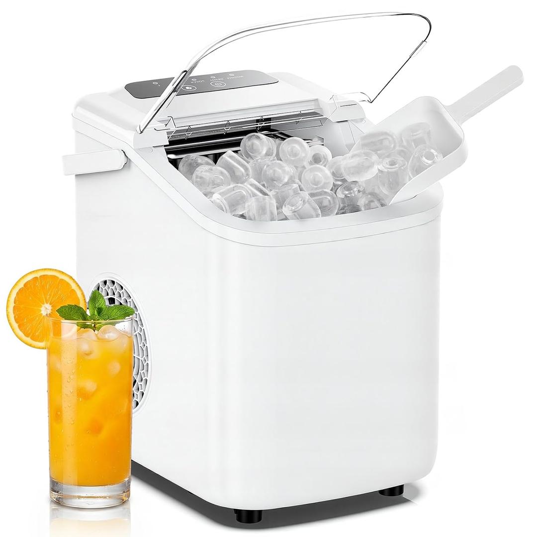 NEWBULIG Ice Maker, Countertop Ice Machine with Handle, 9 Bullet Cubes in 6~8 Mins, 26lbs Daily, Self-Cleaning with Basket and Scoop for Home/Kitchen/Camping/RV