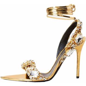 Kluolandi Women's Strappy Stiletto Heels with Crystal Lace Up Gladiator Sexy Open Toe High Heeled Sandals Gold Heels for Women (9.5)