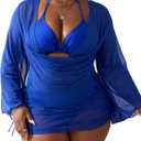 WODECASA Women's Plus Size 3 Piece Swimsuits Halter Triangle Bikini Set with Drawstring Semi Sheer Cover Up Bathing Suit (Large, 185 Dark Blue)