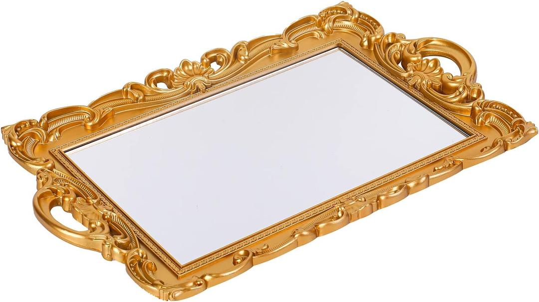 Sooyee Gold Decorative Tray,Bathroom Vanity Tray Decor, 15.3x9.8 Mirror Serving Tray with Handle for Dessert Table,Coffee Table,Vanity,Home Decor