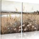 Wildflower Botanical Wall Art Decor Set of 2 Vintage Canvas Wall Decor Landscape Field Wall Art Pictures Farmhouse Prints Landscape Painting Vintage Artwork for Room Bedroom 16x24 Inch Ready to Hang