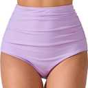 JOYBIK Women’s High Waisted Full Ruched Bikini Swim Bottoms Tummy Control Full Coverage Swimsuit Bottoms, Pink Purple 2XL