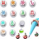 15PCS Christmas Piping Tips - Russian Icing Nozzles with Snowman, Snowflake, Christmas Tree, Santa Claus Patterns for Cupcake & Birthday Party