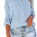 OMSJ Women's Striped Button Down Shirts Casual Long Sleeve Stylish V Neck Blouses Tops with Pockets XL