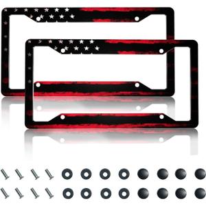 License Plate Frame 2 Pack Front Rear Aluminum Metal Rust-Proof Universal Car Tag Frames Holder with 4 Holes Car Decor Accessory with Screws for Men Women - Black Red American Flag
