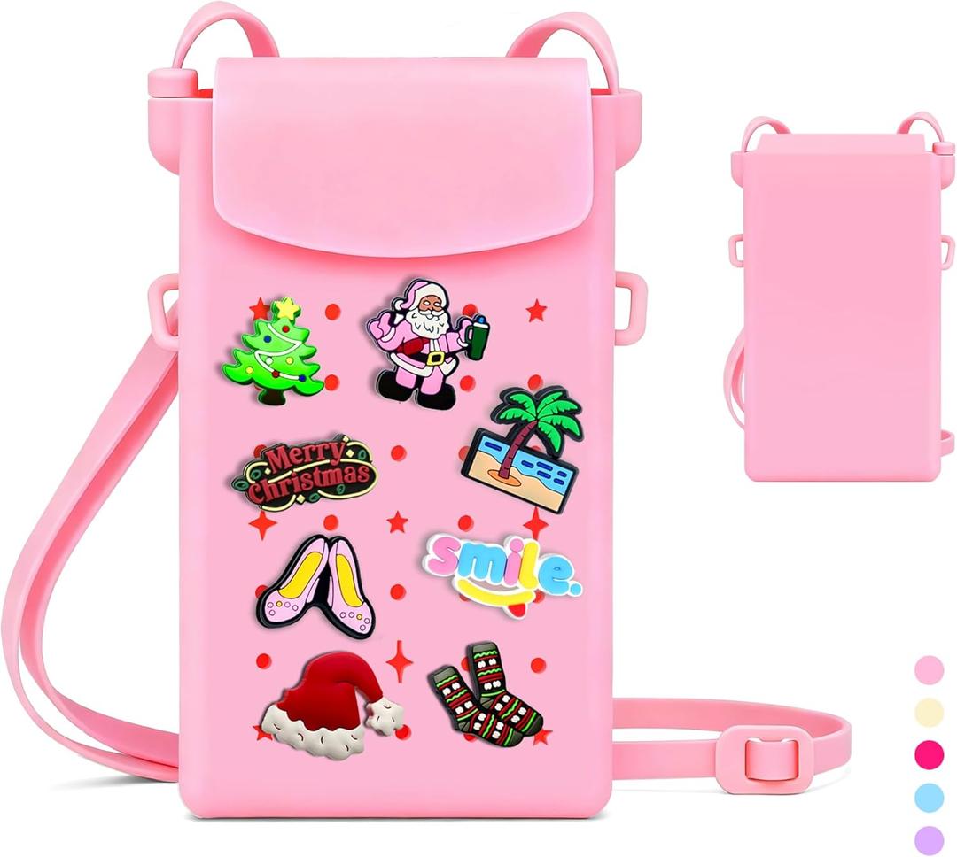 Silicone Crossbody Bag for Women with Magnetic Closure, Adjustable Strap Fits iPhone,Cute Mini Phone Crossbody Bag DIY Charms for Travel,Beach,Stocking Stuffer Gift Pink