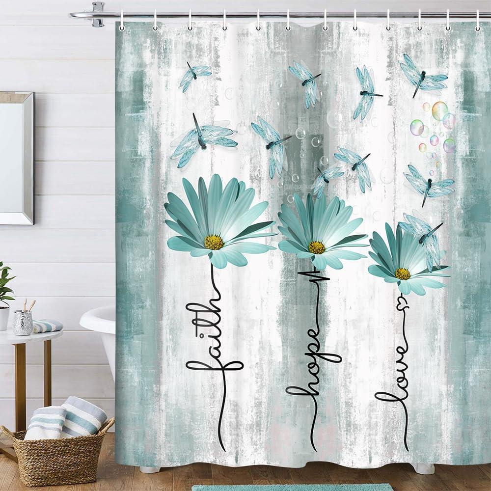 Rusitc Farmhouse Floral Shower Curtain, Farm Teal Country Daisy Flower Dragonfly and Faith Hope Love Inspirational Words Shower Curtain Set, Turquoise Balck White Bathroom Accessories Hooks, 70X70IN