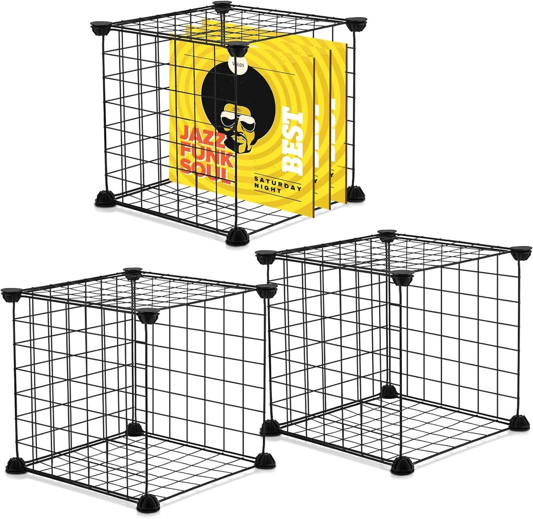 3 Sets Vinyl Record Storage Cube Record Holder Shelf for LP Album Storage DIY Stackable 12 Inch 90 Records 13 x 13 x 13 Inch Mesh Metal Storage Cube Collapsible Vinyl Record Organizer