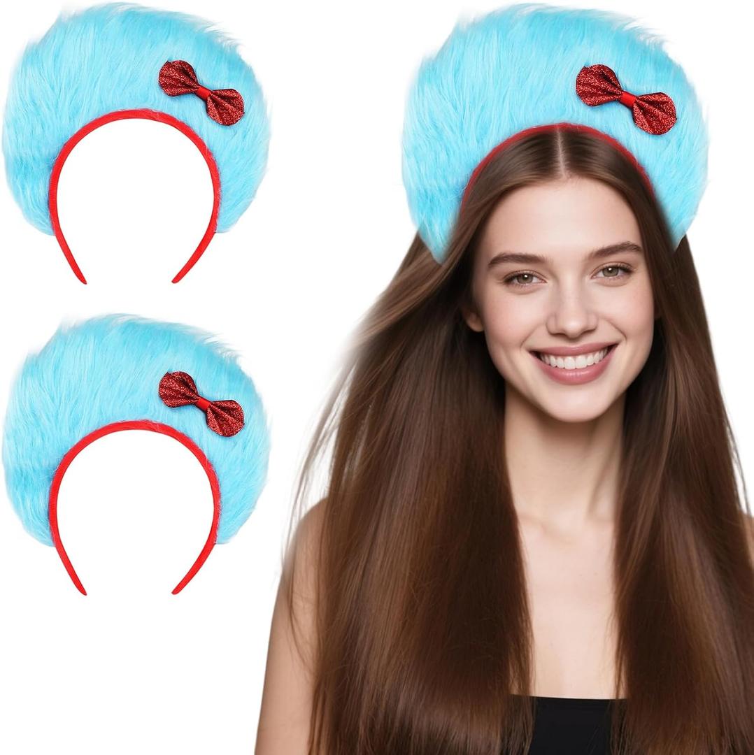 2 Pack Blue Furry Headbands With Red Bow Blue Top Hat Cosplay Costume Accessories Party Photo Props for Halloween Costume Party Supplies