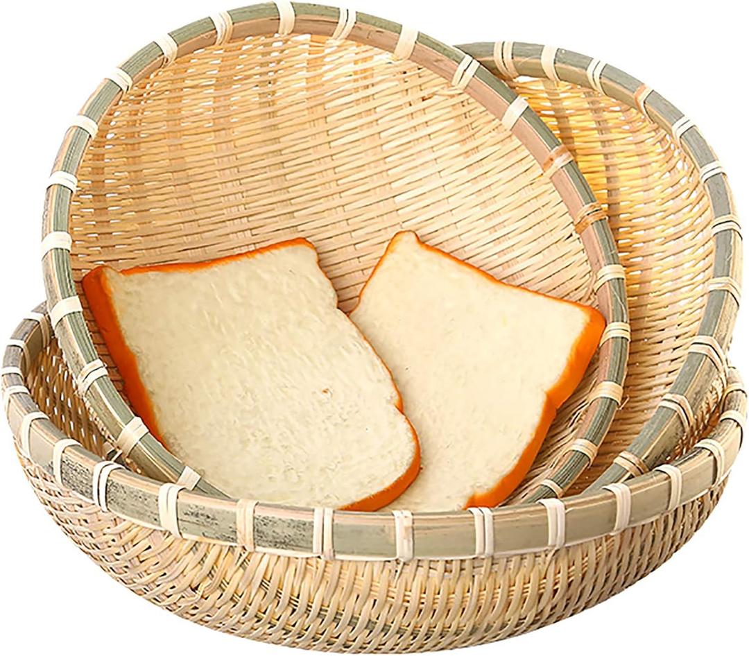 Cedilis 3 Pack Bamboo Basket Tray, Wicker Bread Basket, 100% Natural Handmade Woven Fruit Basket, U Shape Holder Flat Shallow Vegetables Serving Basket, Stackable, 10Inch, 11Inch, 12Inch